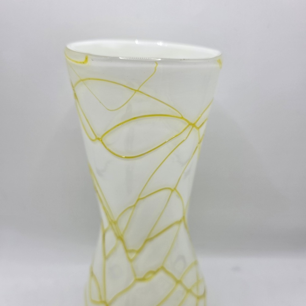 White‎ Art Glass Vase Yellow Threaded Swirl Tall Modern Decorative Vase 11" - Picture 3 of 8